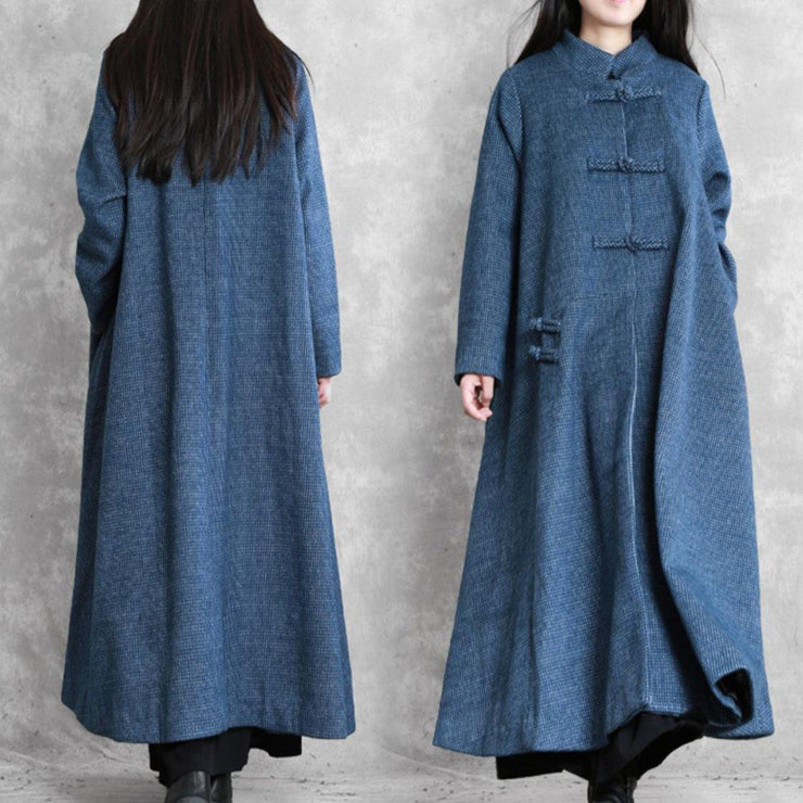 vintage plus size Jackets & coat blue stand collar asymmetric Woolen Coats - bagstylebliss