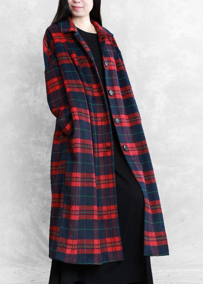 vintage plus size Winter coat woolen outwear red plaid Notched pockets wool overcoat - bagstylebliss