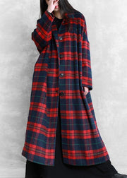 vintage plus size Winter coat woolen outwear red plaid Notched pockets wool overcoat - bagstylebliss