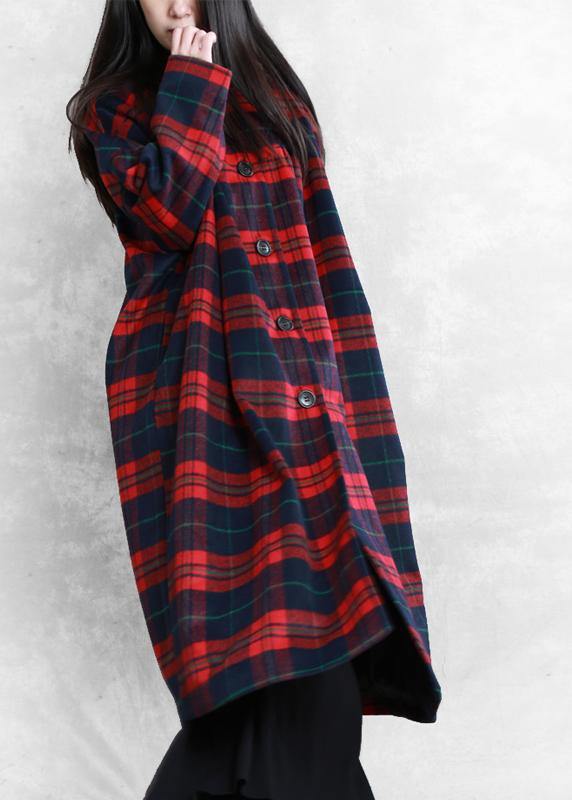 vintage plus size Winter coat woolen outwear red plaid Notched pockets wool overcoat - bagstylebliss