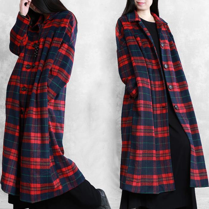 vintage plus size Winter coat woolen outwear red plaid Notched pockets wool overcoat - bagstylebliss