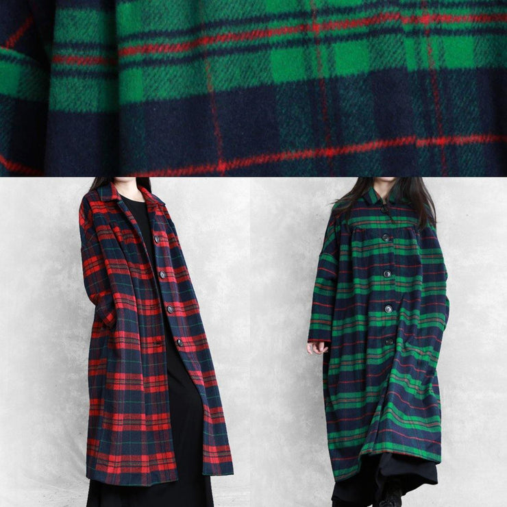 vintage plus size Winter coat woolen outwear red plaid Notched pockets wool overcoat - bagstylebliss