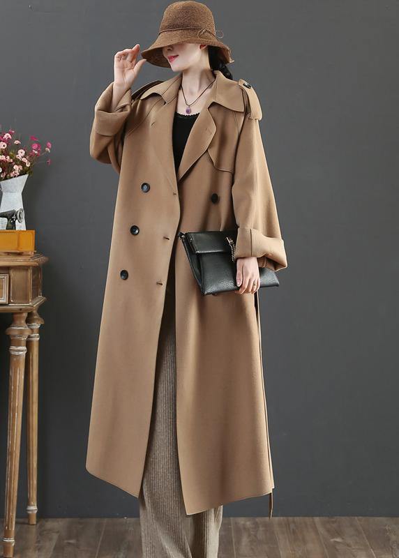 vintage plus size clothing long winter woolen outwear brown lapel double breast wool coat for woman - bagstylebliss