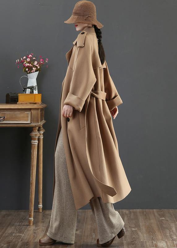 vintage plus size clothing long winter woolen outwear brown lapel double breast wool coat for woman - bagstylebliss