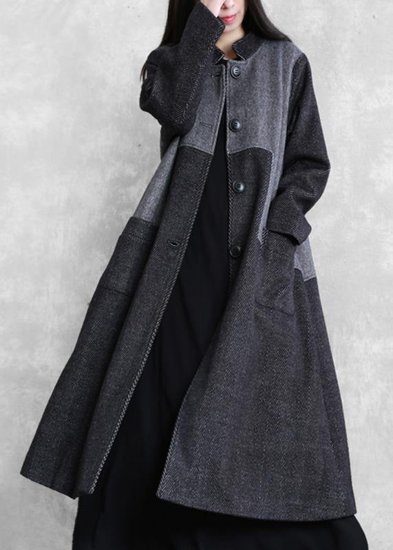 vintage plus size long coat outwear dark gray stand collar patchwork woolen overcoat - bagstylebliss