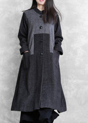 vintage plus size long coat outwear dark gray stand collar patchwork woolen overcoat - bagstylebliss