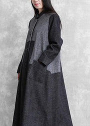 vintage plus size long coat outwear dark gray stand collar patchwork woolen overcoat - bagstylebliss