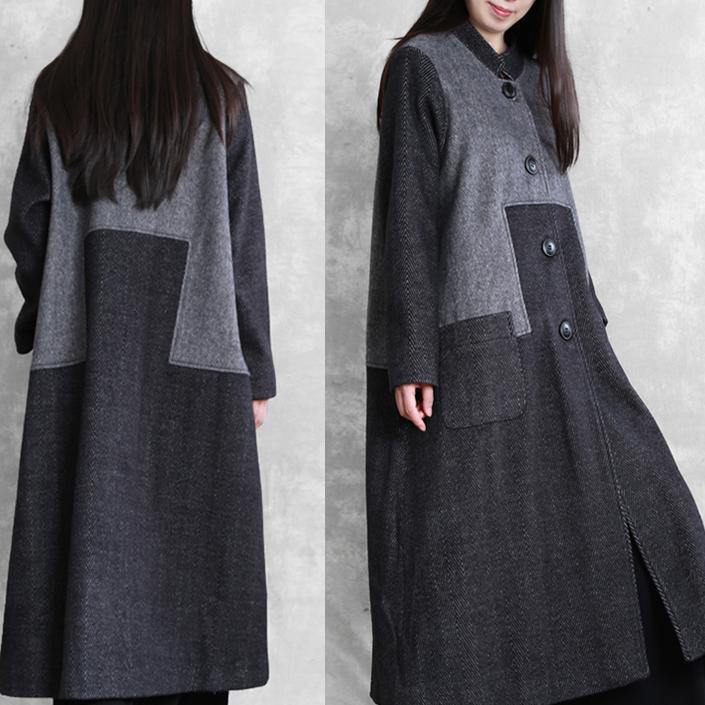 vintage plus size long coat outwear dark gray stand collar patchwork woolen overcoat - bagstylebliss