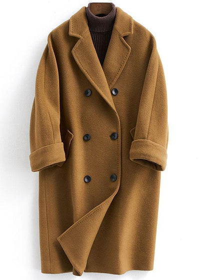 vintage plus size long double breast coats brown Notched woolen outwear - bagstylebliss