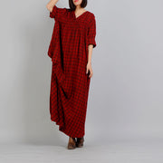 vintage red Plaid casual v neck dress casual asymmetrical design maxi dresses