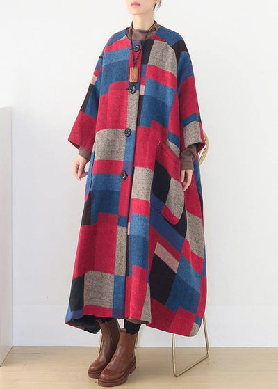 vintage red plaid Woolen Coats oversized o neck exra large hem long winter coat  women coats - bagstylebliss