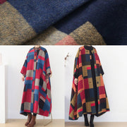 vintage red plaid Woolen Coats oversized o neck exra large hem long winter coat  women coats - bagstylebliss