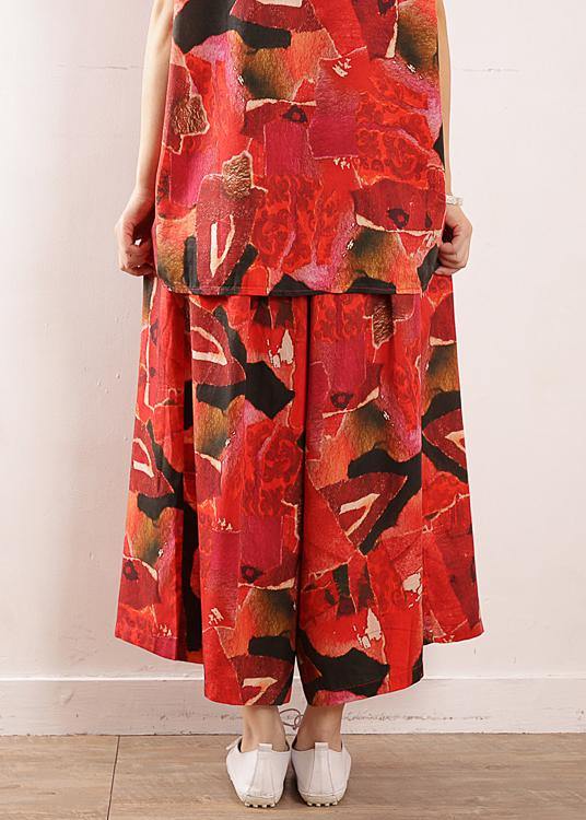 vintage red prints linen two pieces short sleeve t shirt and casual elastic waist crop pants - bagstylebliss