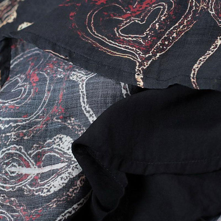 vintage silk linen maxi dress plus size clothing Retro Splicing Printed Round Neck Short Sleeve Black Dress