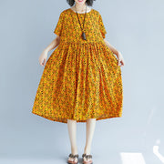 Vintage gelbe Leinenkleider aus reiner Baumwolle Freizeitkleidung Kleider Boutique Kurzarm O-Ausschnitt Blumenkleid aus natürlichem Baumwollleinen