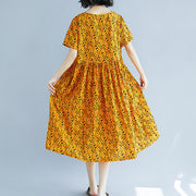 Vintage gelbe Leinenkleider aus reiner Baumwolle Freizeitkleidung Kleider Boutique Kurzarm O-Ausschnitt Blumenkleid aus natürlichem Baumwollleinen