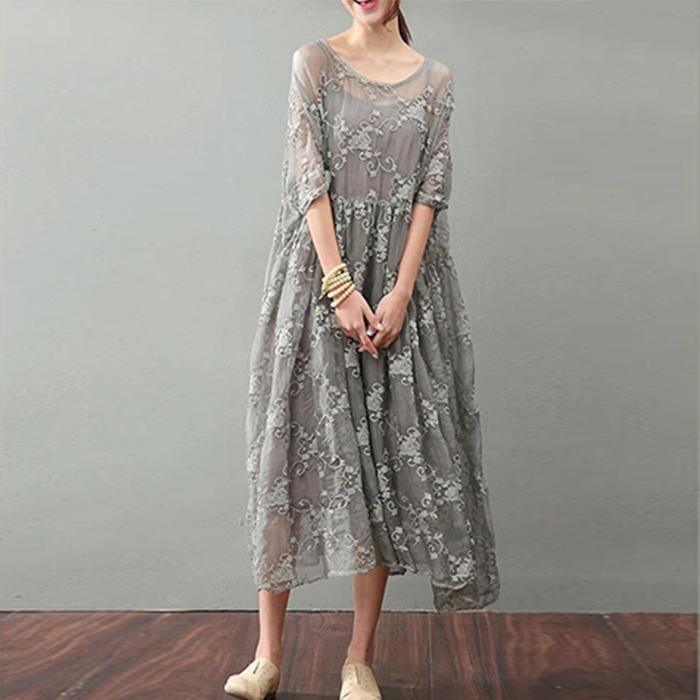 Vintage Gray Silk Maxi Dress Trendy Plus Size Lace Gown Top Quality Bracelet Sleeved Gown - Omychic