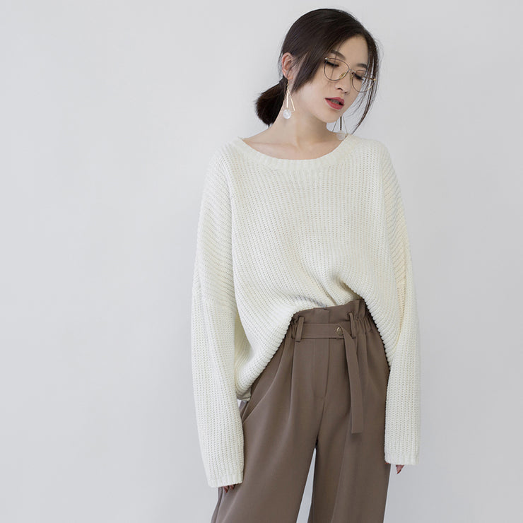 warme beige Strickpullover plus Größe O-Ausschnitt Baggy Elegante Herbstbluse mit Fledermausärmeln