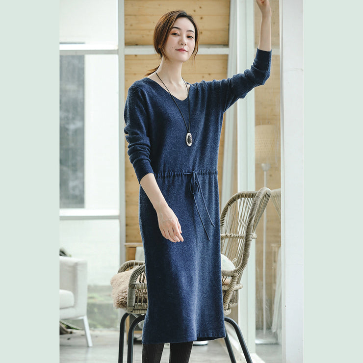 warm blue knit dresses fall fashion V neck long knit sweaters casual drawstring pullover sweater