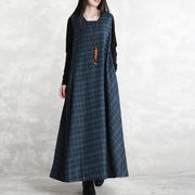 warm dark blue Plaid knit dresses Loose fitting Sleeveless patchwork dresses vintage Square Collar pockets pullover dresses