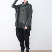 warm dark gray knit sweaters casual batwing sleeve knit sweat tops boutique tassel winter shirt