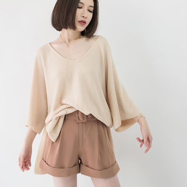 warm nude cozy sweater casual V neck knitted blouses casual Batwing Sleeve fall blouse