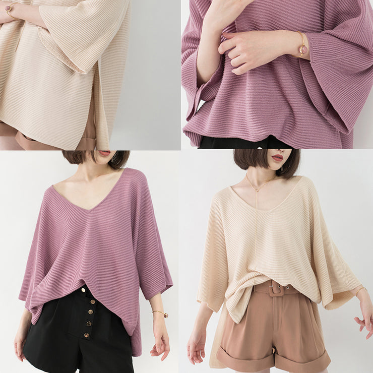 warm nude cozy sweater casual V neck knitted blouses casual Batwing Sleeve fall blouse