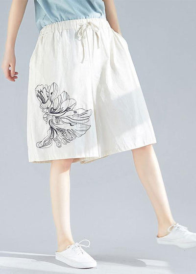 white embroidery blended loose pants casual elastic waist shorts - bagstylebliss
