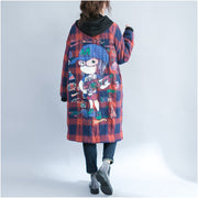 winter cartoon prints cotton cardigans plus size casual red grid thick hooded trench coats