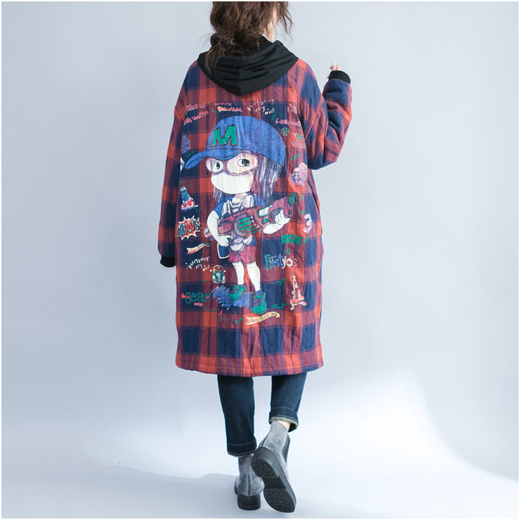 winter cartoon prints cotton cardigans plus size casual red grid thick hooded trench coats