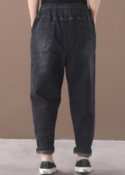 winter new denim black loose pants drawstring thick women trousers - bagstylebliss