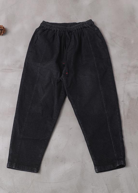 winter new denim black loose pants drawstring thick women trousers - bagstylebliss