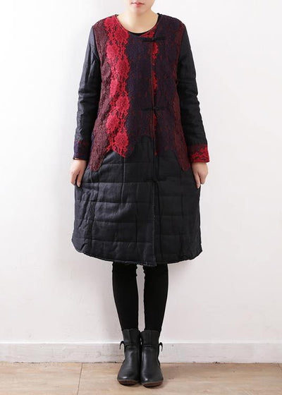 winter new original design women art disc buckle linen stitching lace thick padded jacket cotton coat robe - bagstylebliss