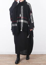 winter original design plaid high neck knit tops oversize black tassel cloak - bagstylebliss