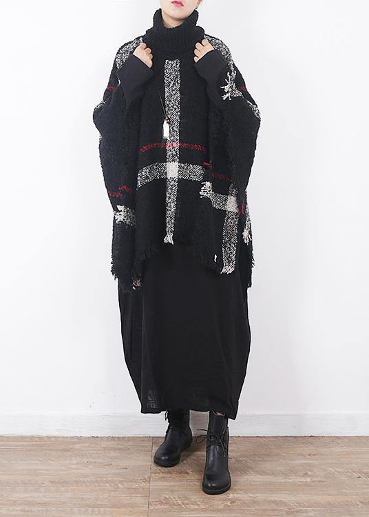 winter original design plaid high neck knit tops oversize black tassel cloak - bagstylebliss