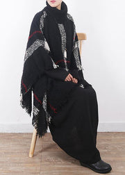 winter original design plaid high neck knit tops oversize black tassel cloak - bagstylebliss