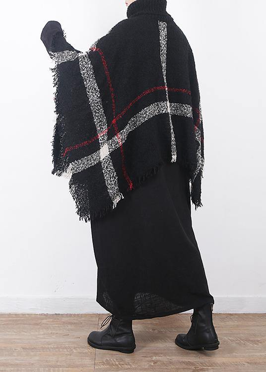 winter original design plaid high neck knit tops oversize black tassel cloak - bagstylebliss