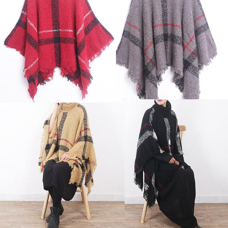 winter original design plaid high neck knit tops oversize black tassel cloak - bagstylebliss