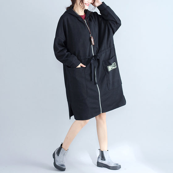 winter plus size women cotton cardigans black hooded prints zippered warm trench coats