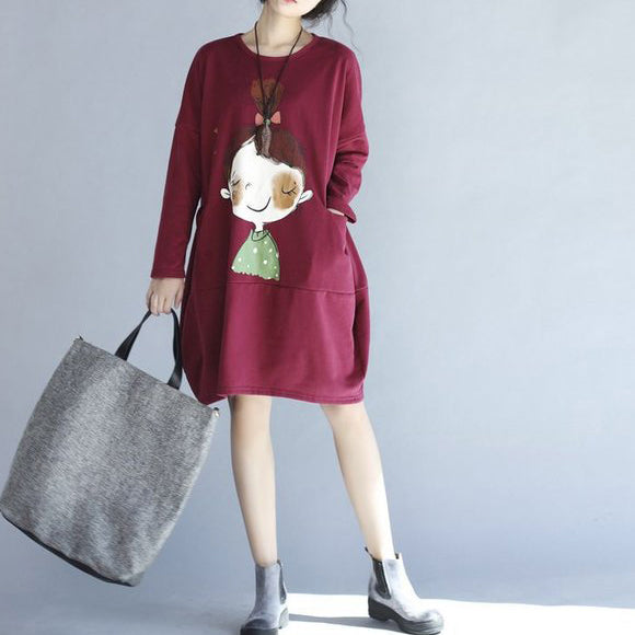 winter red thick prints cotton dresses plus size long sleeve shift dress