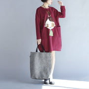 winter red thick prints cotton dresses plus size long sleeve shift dress