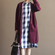 winter vintage cotton blended sweater cardigans burgundy oversize pockets wrap knit coat