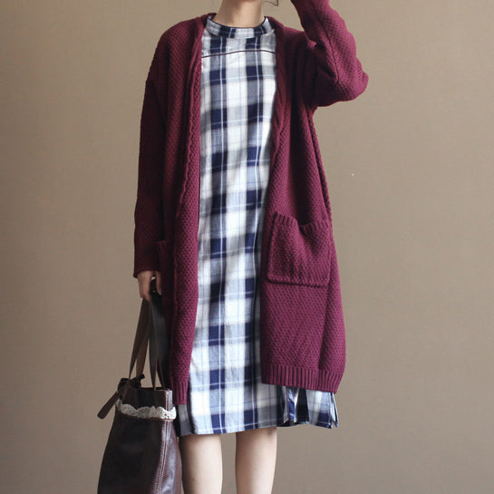 winter vintage cotton blended sweater cardigans burgundy oversize pockets wrap knit coat