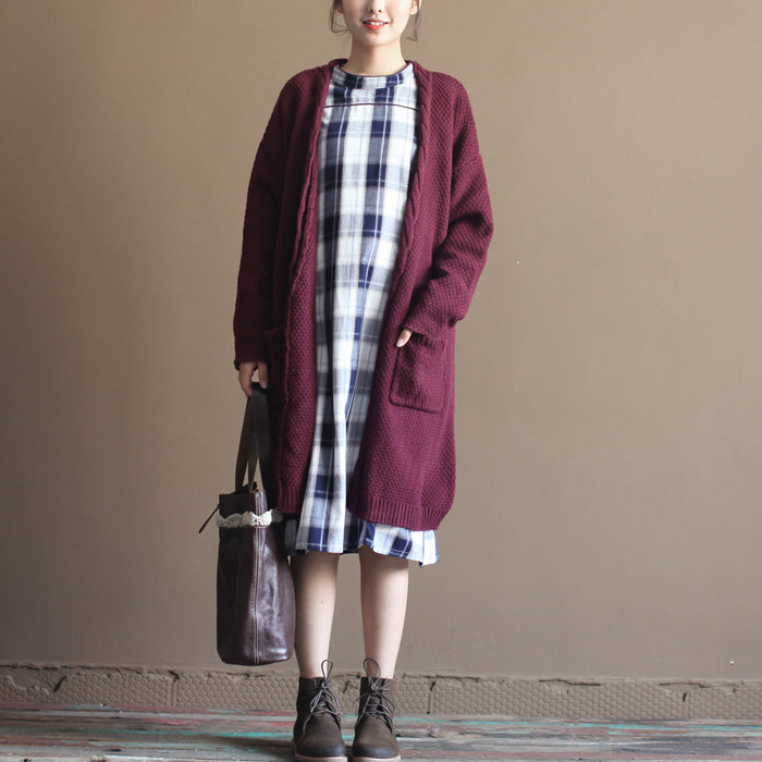 winter vintage cotton blended sweater cardigans burgundy oversize pockets wrap knit coat