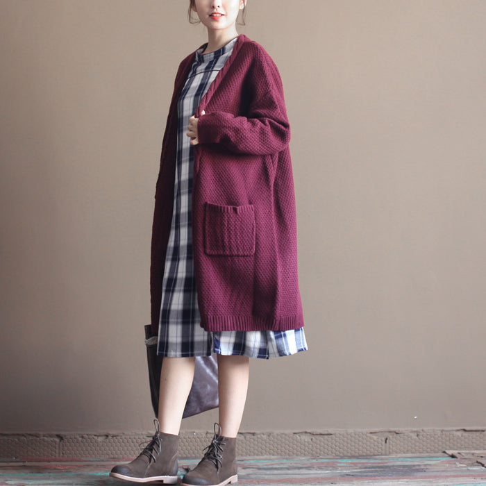 winter vintage cotton blended sweater cardigans burgundy oversize pockets wrap knit coat