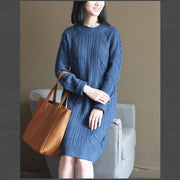 winter vintage dark blue cotton sweater dresses plus size cable knit casual dress