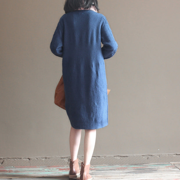 winter vintage dark blue cotton sweater dresses plus size cable knit casual dress