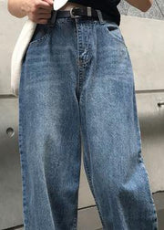 winter vintage denim blue pants high waist wide leg trousers - bagstylebliss