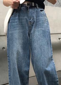 winter vintage denim blue pants high waist wide leg trousers - bagstylebliss