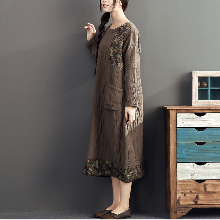 winter warm khaki prints patchwork cotton dresses linen plus size casual long sleeve thick dress